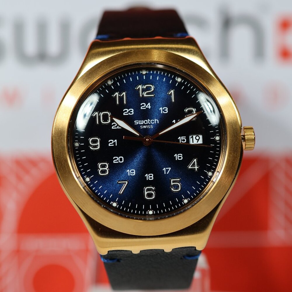 Limited Swiss Swatch Made Irony Gold Colored Blue Happy Joe Golden YWG408 41MM